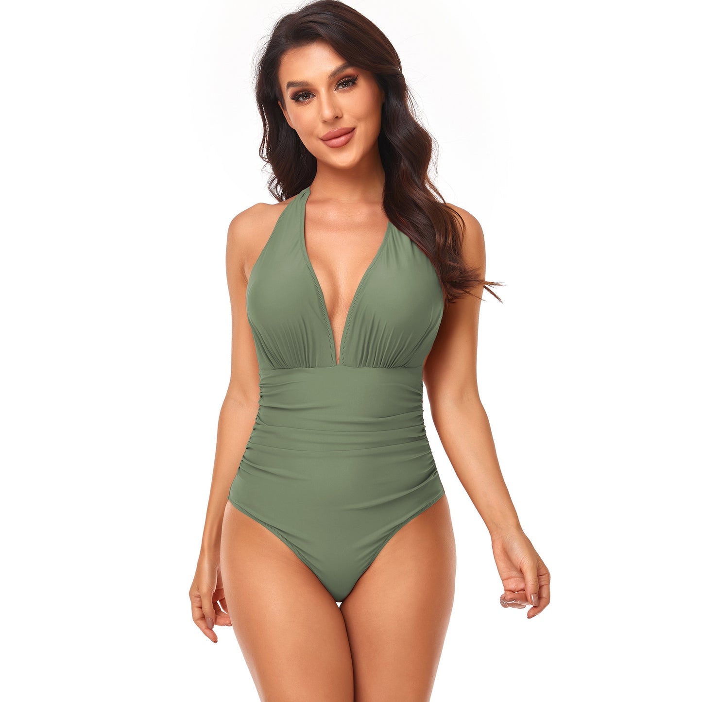 Women's Fashion Pump Pleated Neck Solid Color One-piece Swimsuit