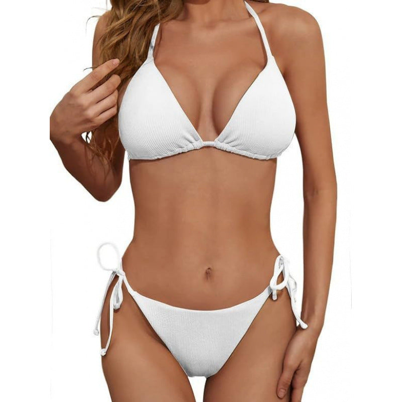 European And American Women's Split Solid Color Lace-up Bikini Suit