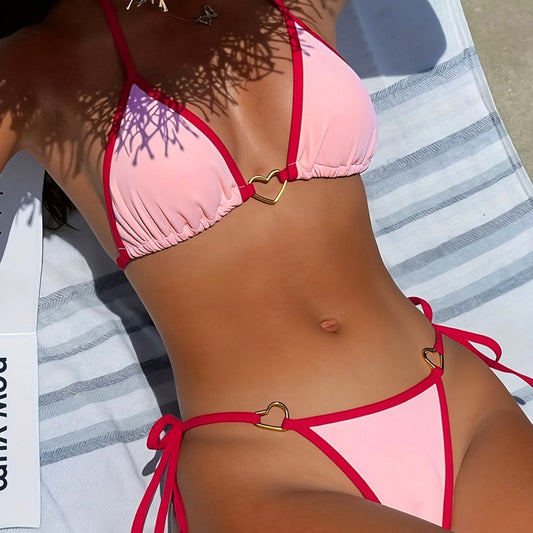 Pendant Thong Swimsuit Set With Tie-up Design Halter-style Triangle Bikini