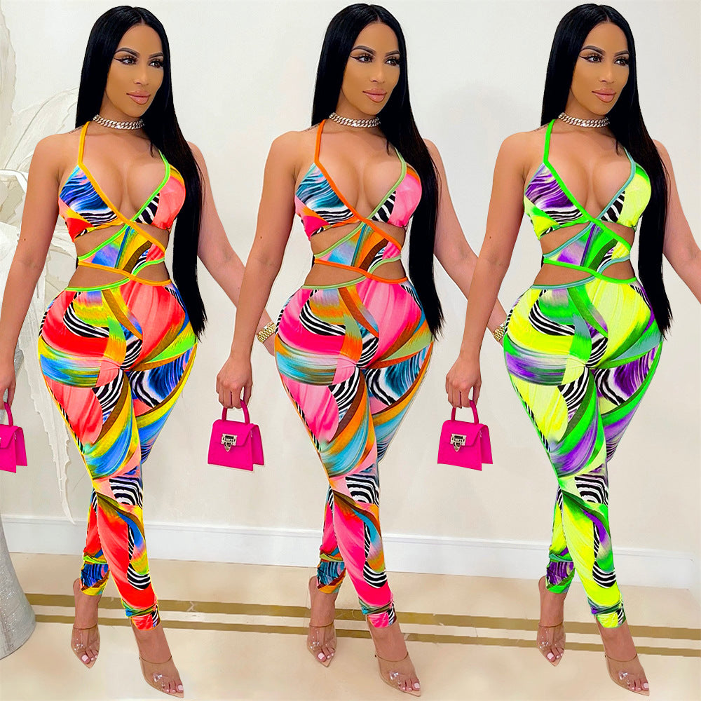 Fashion Sexy Nightclub Print Cross-Tie Jumpsuit