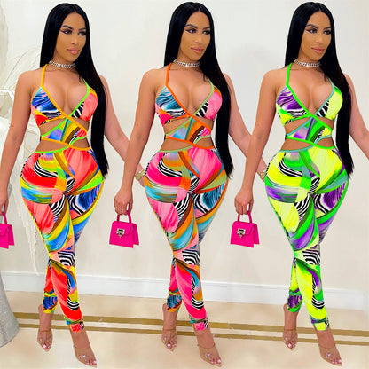 Fashion Sexy Nightclub Print Cross-Tie Jumpsuit
