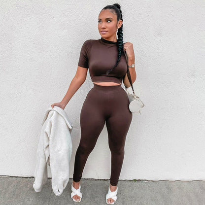 Fashion Casual Short Sleeve Midriff-baring Top Sports Suit