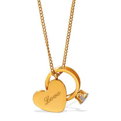 Love Engraved Gold Heart Double Pendant Rhinestone Stackable Couple Necklace