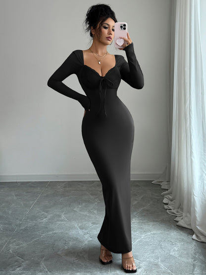Solid Color Lace Package Hip Skirt Dress Women