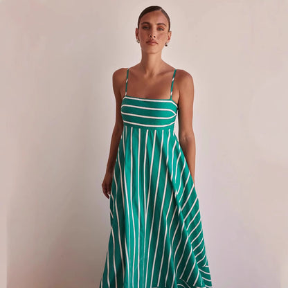 Womens Fashionable Simple Striped Strap Backless Maxi Dress