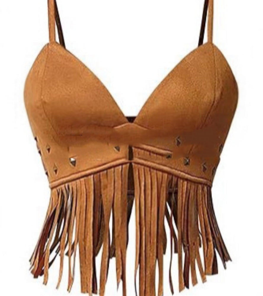 Womens Fringed Sleeveless Spaghetti-Strap Faux Suede Vintage Top