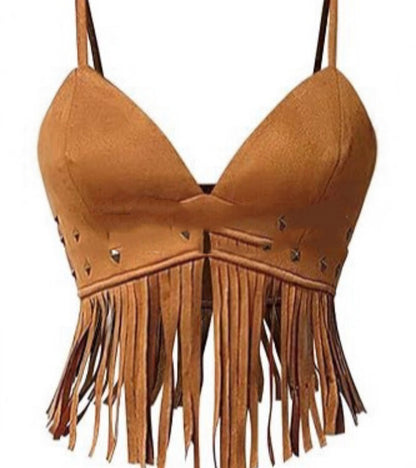 Womens Fringed Sleeveless Spaghetti-Strap Faux Suede Vintage Top