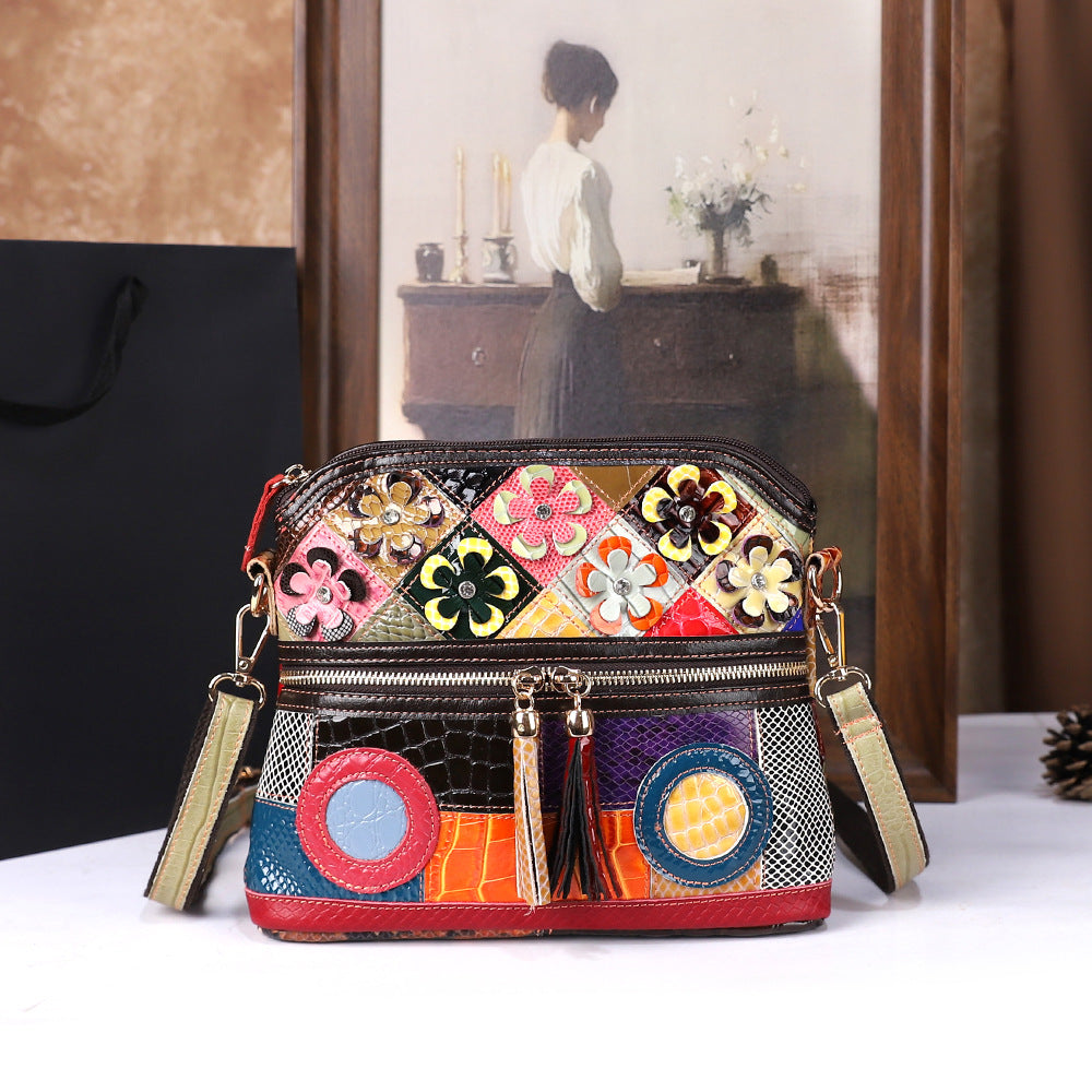 Womens First-Layer Colored Leather Shoulder Bag With Woven Design
