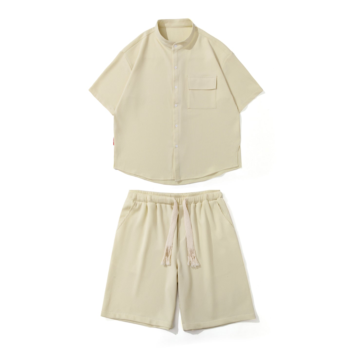 Men's Ice Silk Hanging Suit Men's Solid Color Short-sleeved Shirt Draw Rope Shorts Two-piece Men's