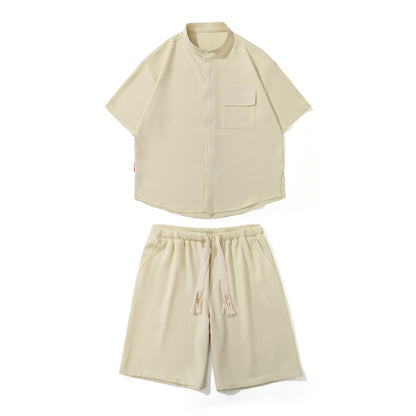 Men's Ice Silk Hanging Suit Men's Solid Color Short-sleeved Shirt Draw Rope Shorts Two-piece Men's