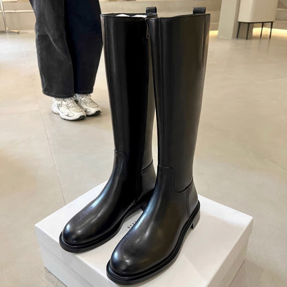 Knee-high Fleece-lined Round-toe Low-heeled With Side Zippers Womens High-rise Riding Boots