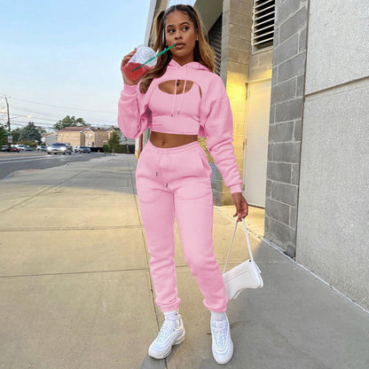 Three-piece Solid Color Hooded Sweatshirt Long-sleeved Drawstring Trousers Vest