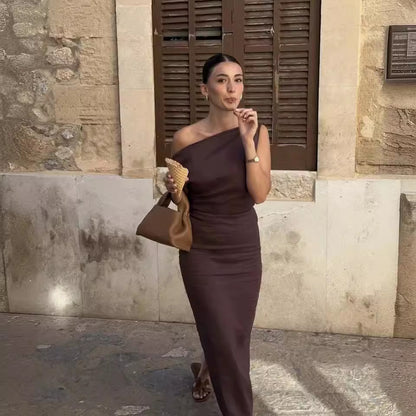 Off-shoulder Collar Off-shoulder Back Slit Draping Effect Slim Fit Long Dress