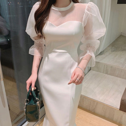 Stitched Puff Sleeve Fishtail Women's Midi Dress