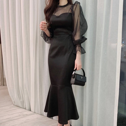Stitched Puff Sleeve Fishtail Women's Midi Dress