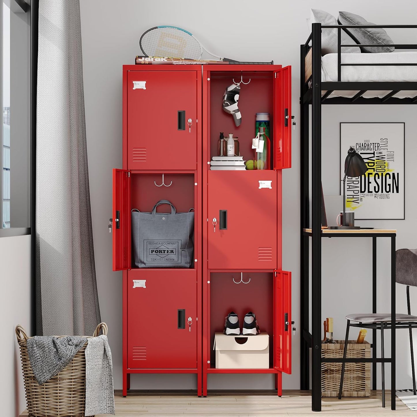 Metal Locker With Hooks And Ventilation Holes,Metal Storage Locker With Keys And Business Card Slof For Home,Gym,Garage,School,Office,Assembly Required,Red