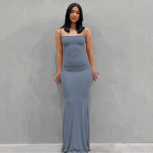 New Fashion Solid Color Sleeveless Sling Long Dress