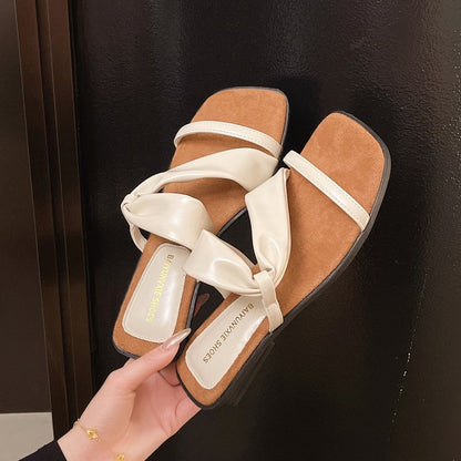 2025 Summer New French Style Low Heel Slippers For Women, Fairy Style Outdoor Fashion Slides, Elegant Match-Dress Sandals In Black, Silver, Beige