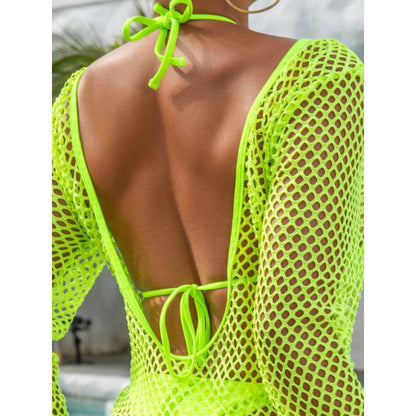 Mesh Long-sleeve Cover-up Bikini Three-piece Set