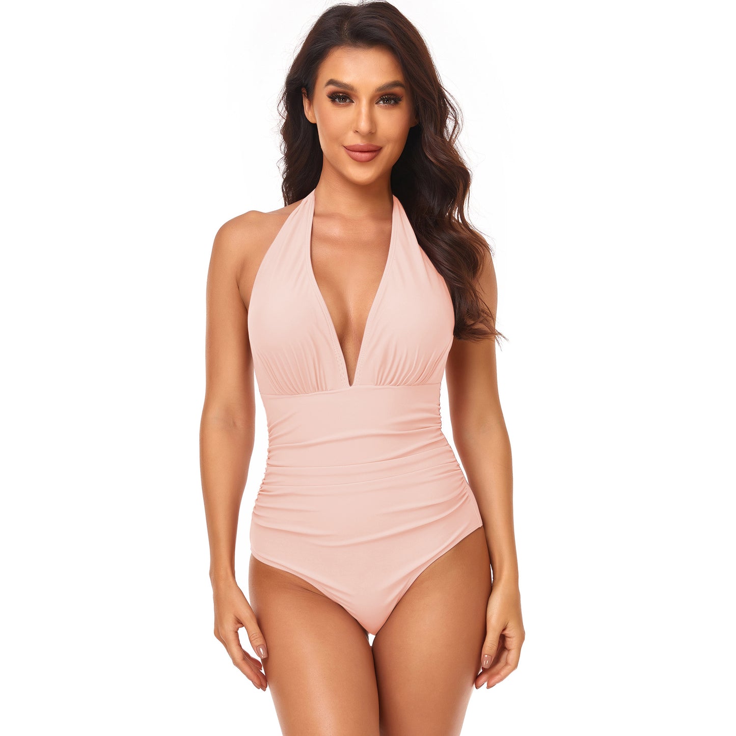 Women's Fashion Pump Pleated Neck Solid Color One-piece Swimsuit