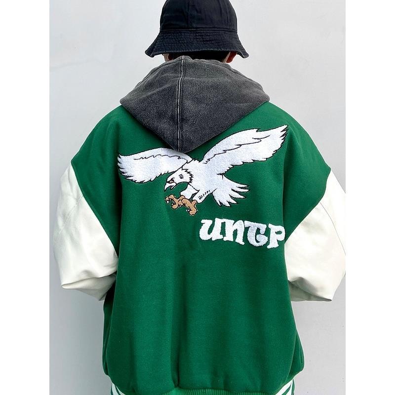 American Retro Contrast Color Baseball Uniform PU Leather Sleeve Jacket