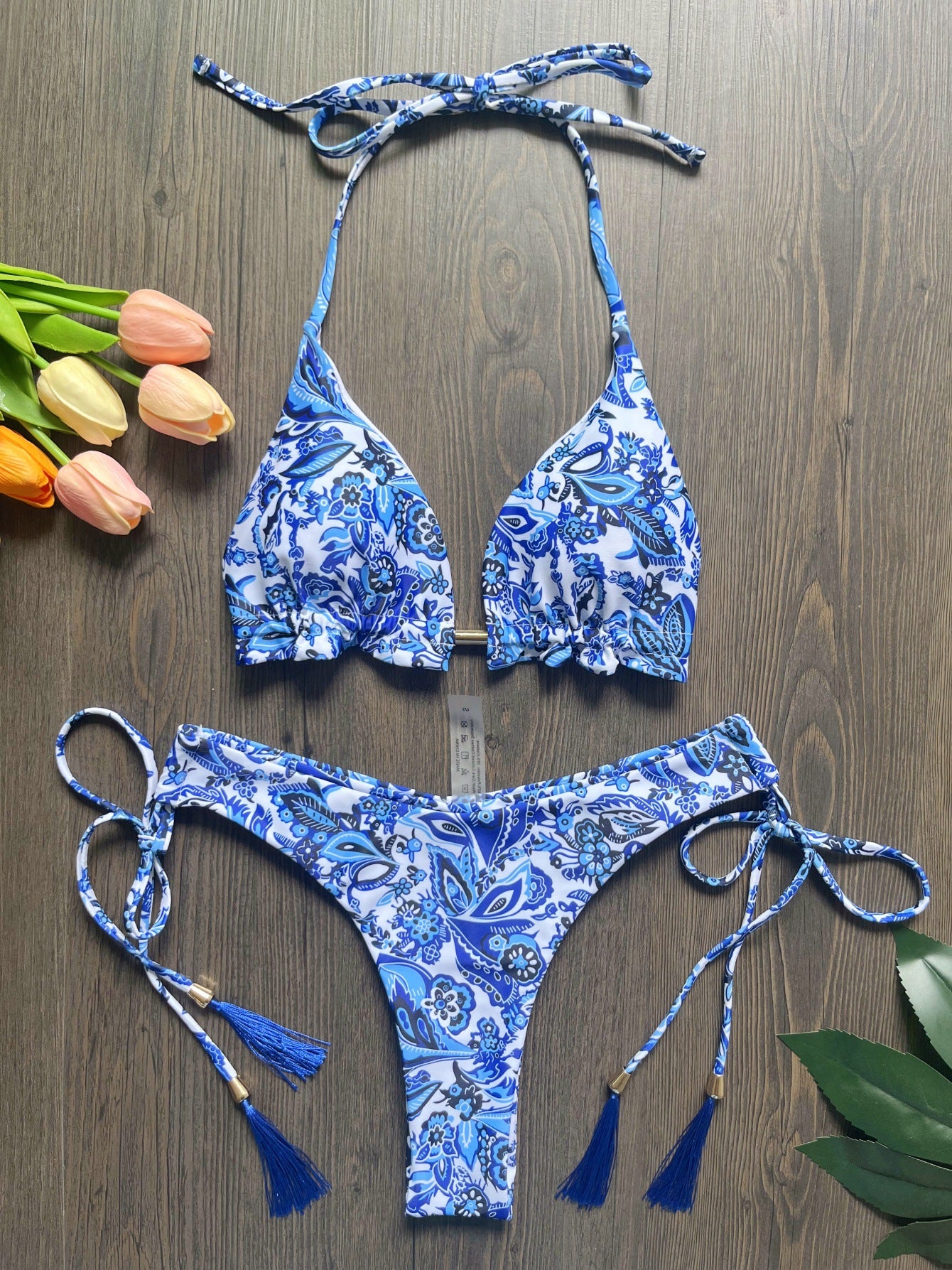 Women's Swimsuit New Blue And White Porcelain Printed Bikini