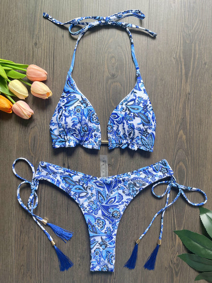 Women's Swimsuit New Blue And White Porcelain Printed Bikini