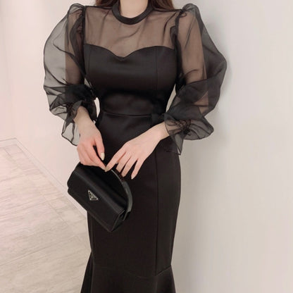 Stitched Puff Sleeve Fishtail Women's Midi Dress