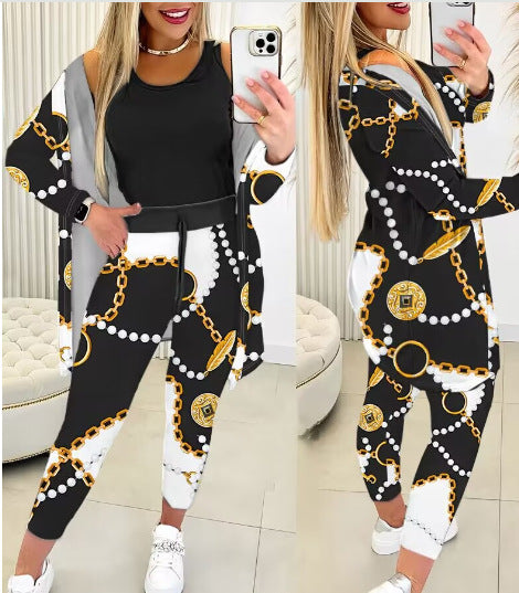 Women's Casual Printing Suit Fashion Stripes Three-piece Suit