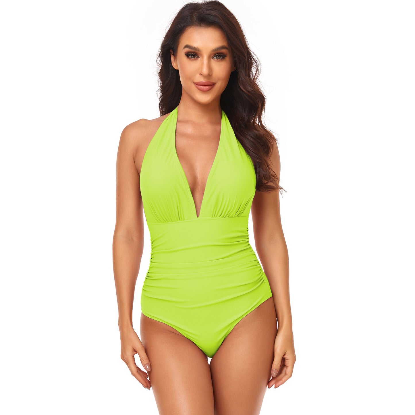 Women's Fashion Pump Pleated Neck Solid Color One-piece Swimsuit