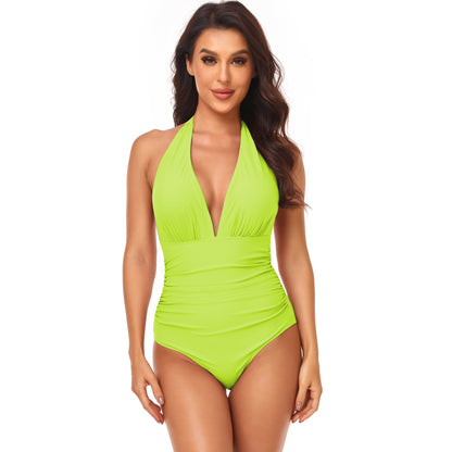 Women's Fashion Pump Pleated Neck Solid Color One-piece Swimsuit