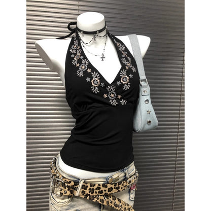 Niche Black V-Neck Embroidered Halter Backless Sophisticated Vintage Top