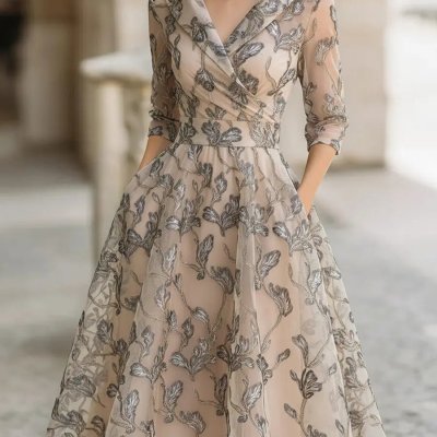 Printed V-neck Long-sleeve Dress Women