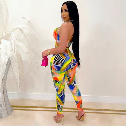 Fashion Sexy Nightclub Print Cross-Tie Jumpsuit