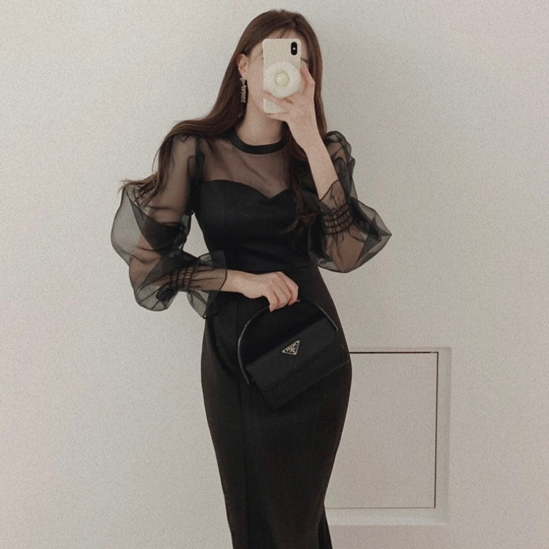 Stitched Puff Sleeve Fishtail Women's Midi Dress