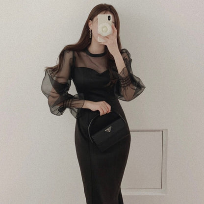 Stitched Puff Sleeve Fishtail Women's Midi Dress