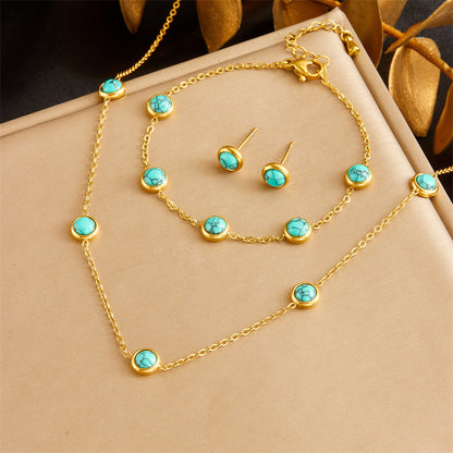 Retro All-Match Blue Turquoise Stainless Steel Jewelry Set