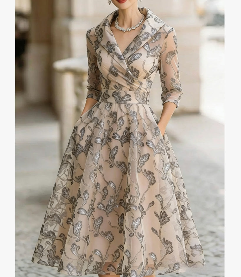 Printed V-neck Long-sleeve Dress Women