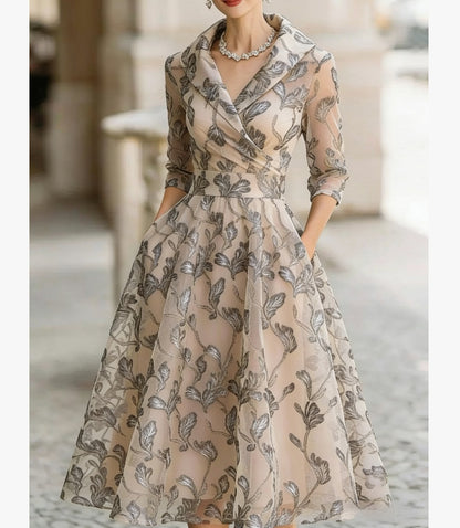 Printed V-neck Long-sleeve Dress Women