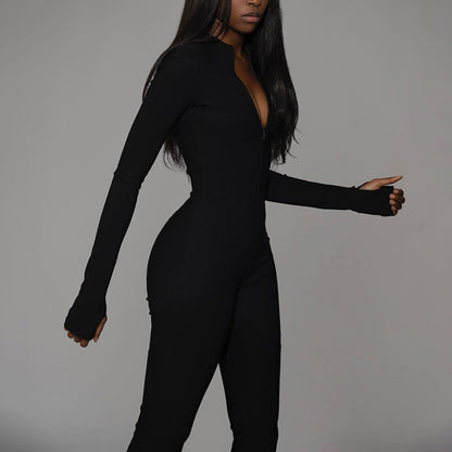 High Waist Zipper Slim Fit Sports Jumpsuit