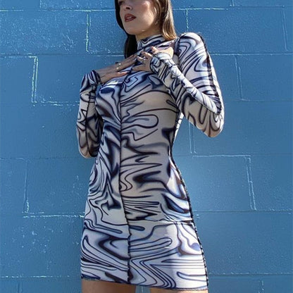 Women's Mid Neck Printed Long Sleeve Slim Fit Hip Short Dress