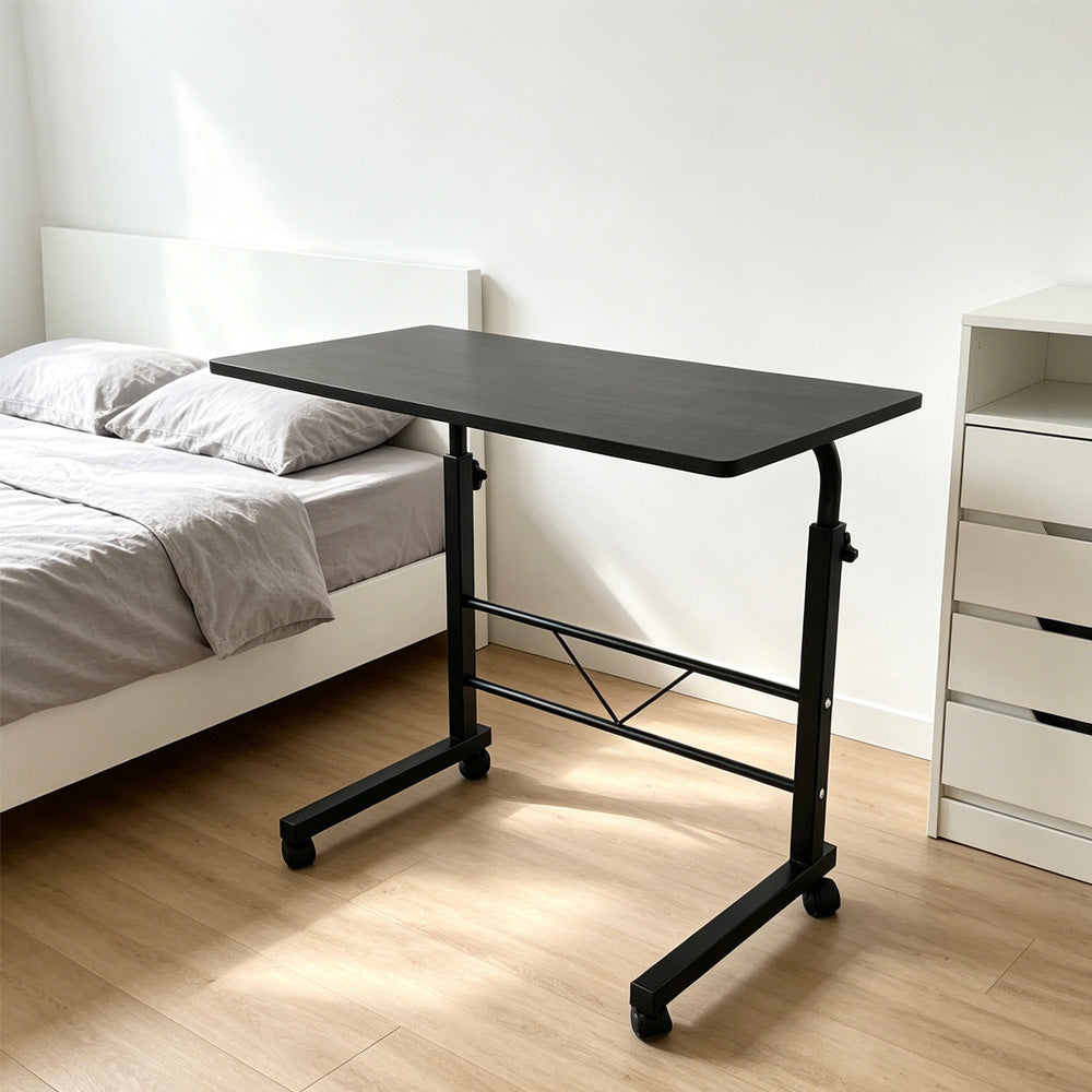 80cm Adjustable Tray Table Rolling Sofa Side Snack Table With Wheels Portable C-Shape Dinner Tray Tables Mobile Wooden Laptop Desk Beside Couch Bed