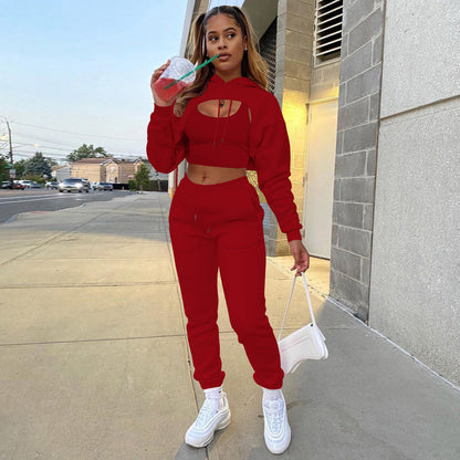 Three-piece Solid Color Hooded Sweatshirt Long-sleeved Drawstring Trousers Vest