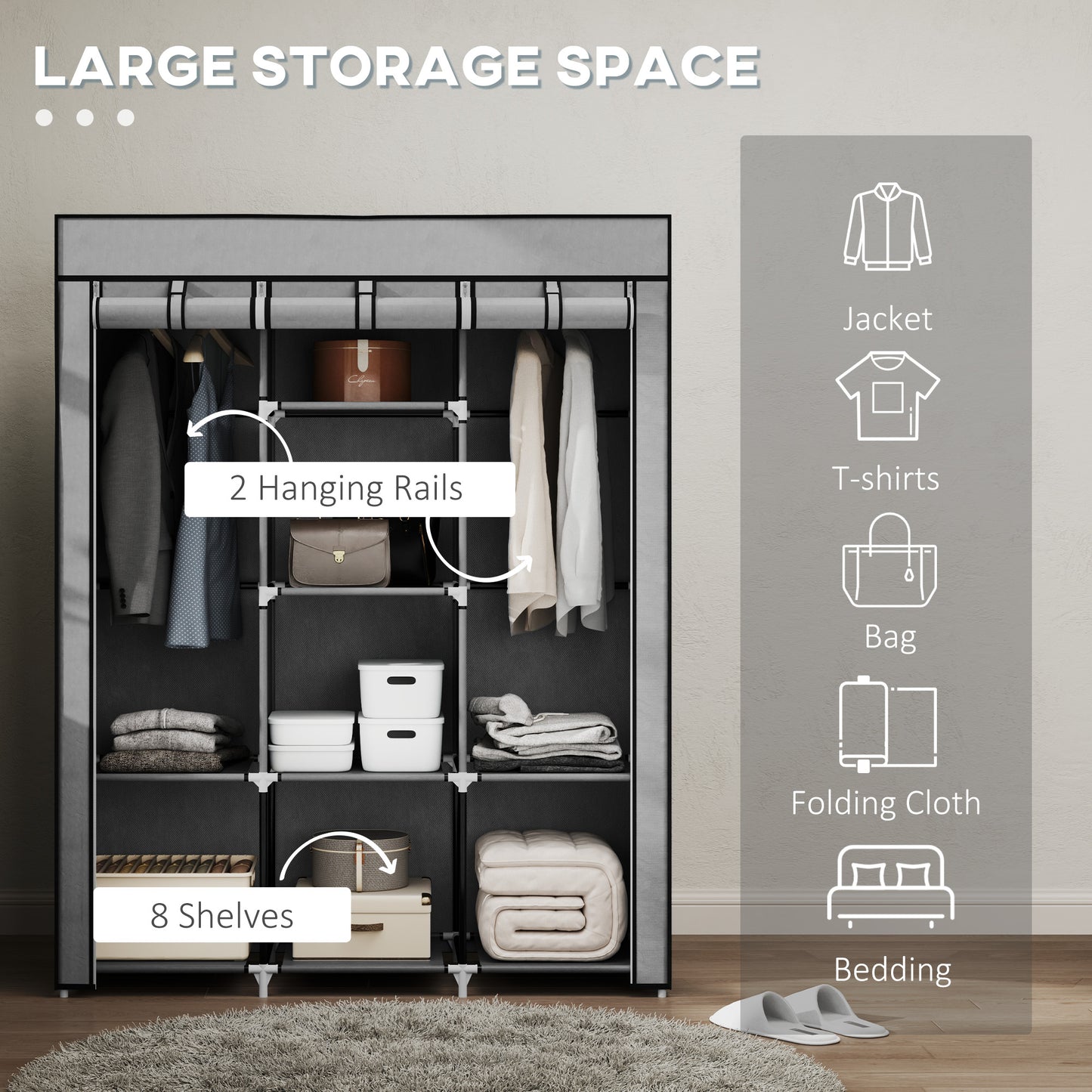 Fabric Wardrobe, With Rails And Shelves - Light Grey