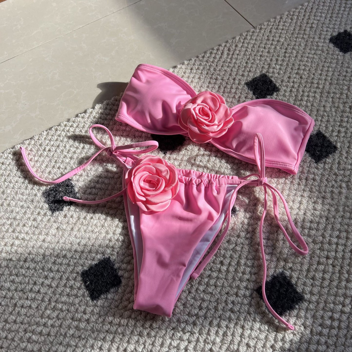 New Solid Color Rose Tube Top Drawstring Strap Split Swimsuit