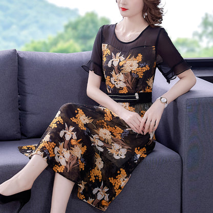 Printed Dress Women's Summer New Korean Round Neck Stitching Floral Waist Slim Over Knee Mid Length Fashion