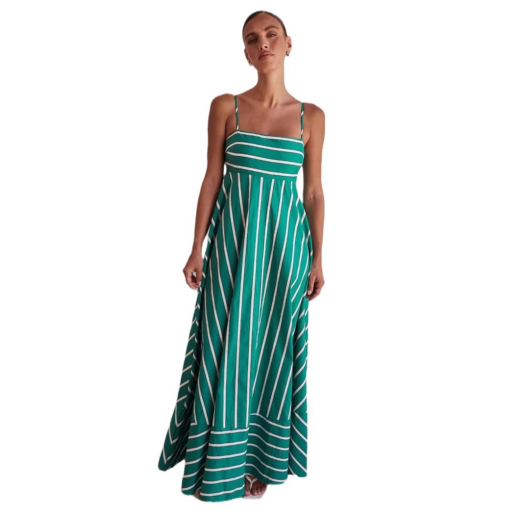 Womens Fashionable Simple Striped Strap Backless Maxi Dress