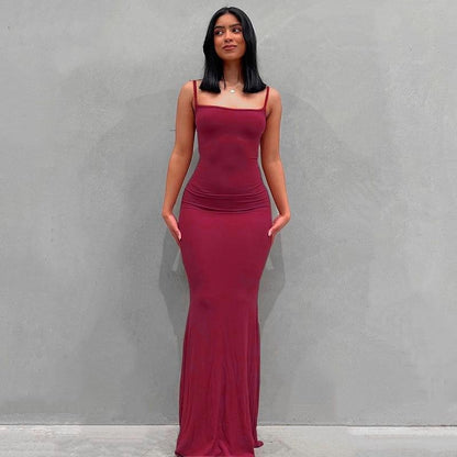 New Fashion Solid Color Sleeveless Sling Long Dress
