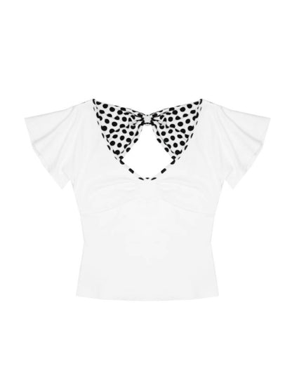 Millennial Japanese-style Back-Cutout Bow-Knot Polka-Dot Print Shirt