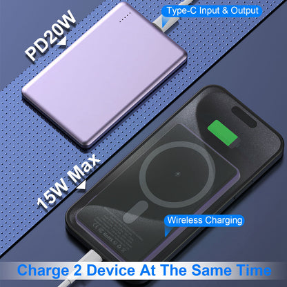 2 In 1 5000mAh 8MM Slim MagSafe Wireless Power Bank PD20W Magnetic Fast Charger Portable Phone Charger Fit For IOS Phone 15 14 13 12 Series And More
